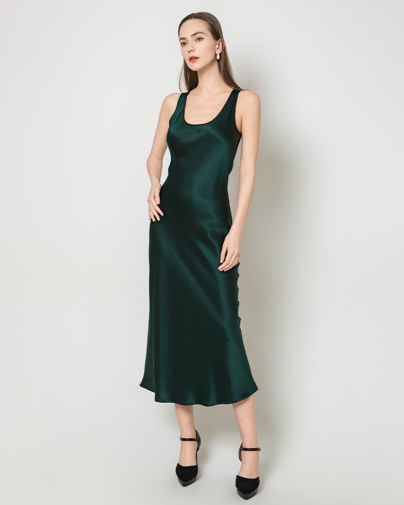 Silk Round Neck Cinched Waist Long Dress, Dark Green