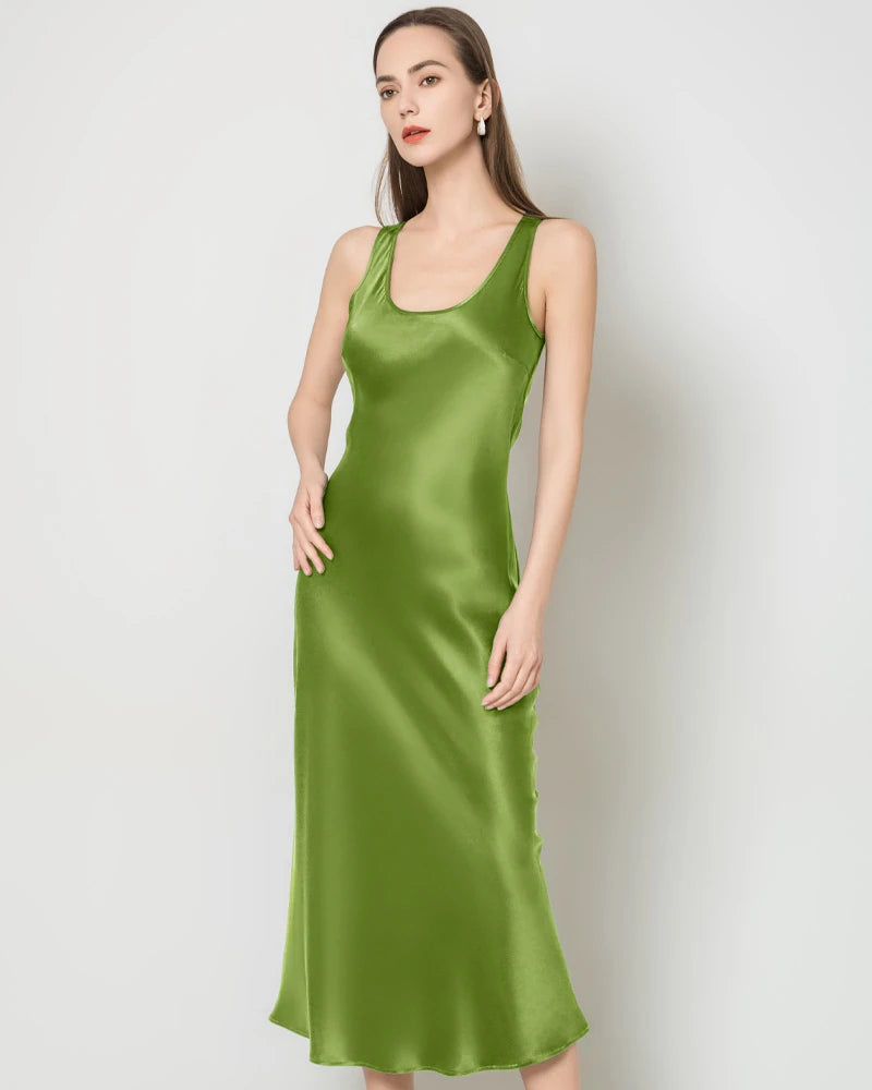Silk Round Neck Cinched Waist Long Dress, Mustard Green