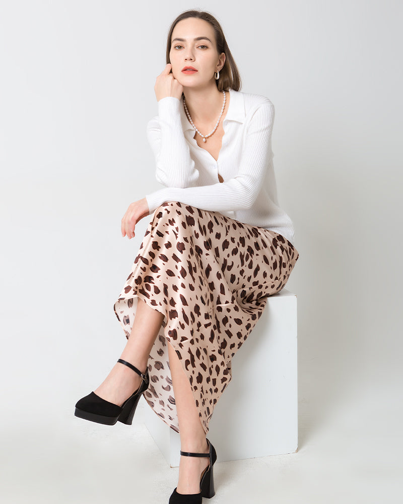 Silk Long Leopard Print Skirt
