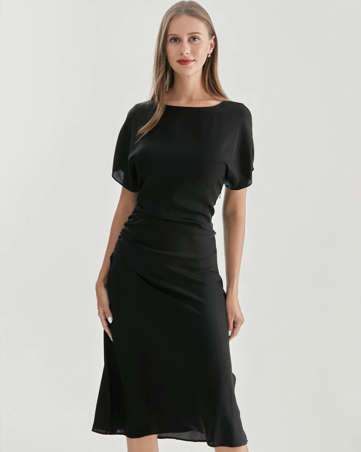 Silk Short Sleeve Pleated Dress, Black