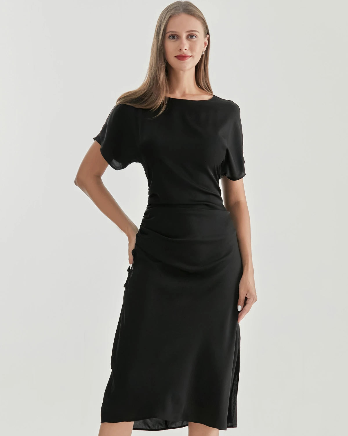 Silk Short Sleeve Pleated Dress, Black