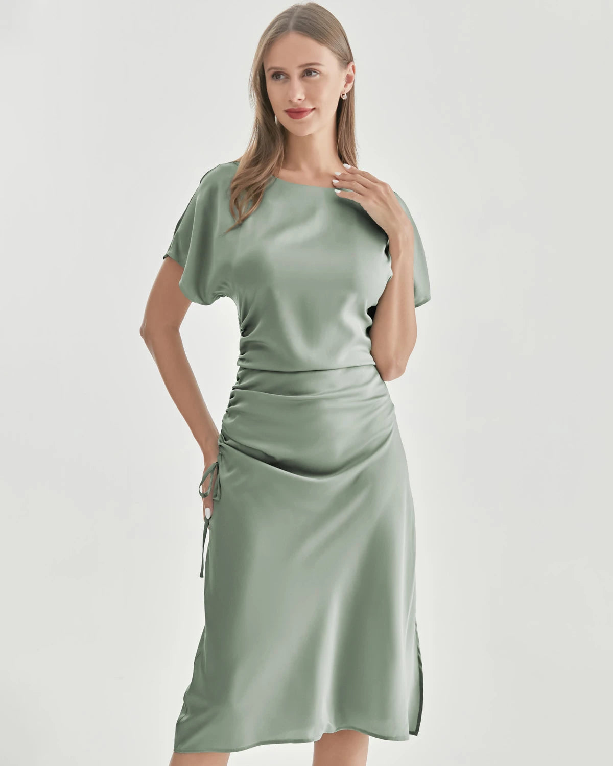 Silk Short Sleeve Pleated Dress, Green
