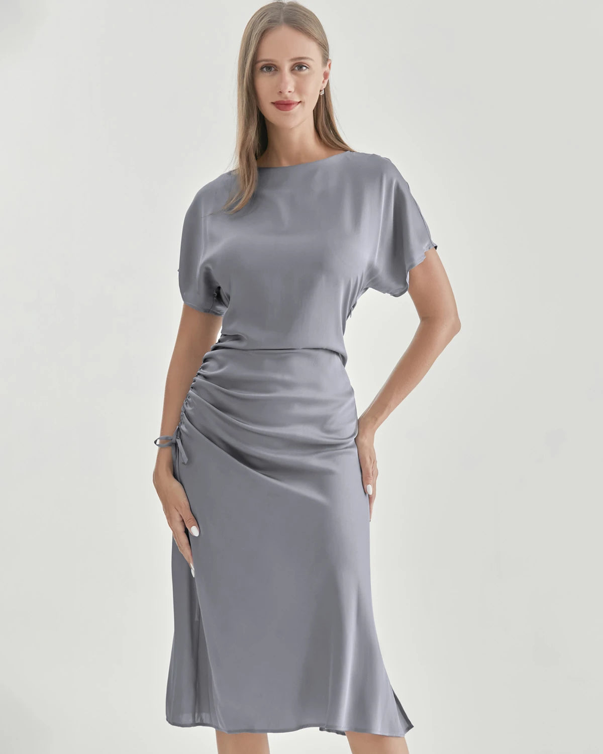 Silk Short Sleeve Pleated Dress, Grey