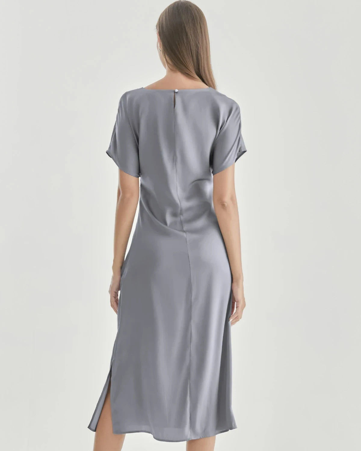 Silk Short Sleeve Pleated Dress, Grey