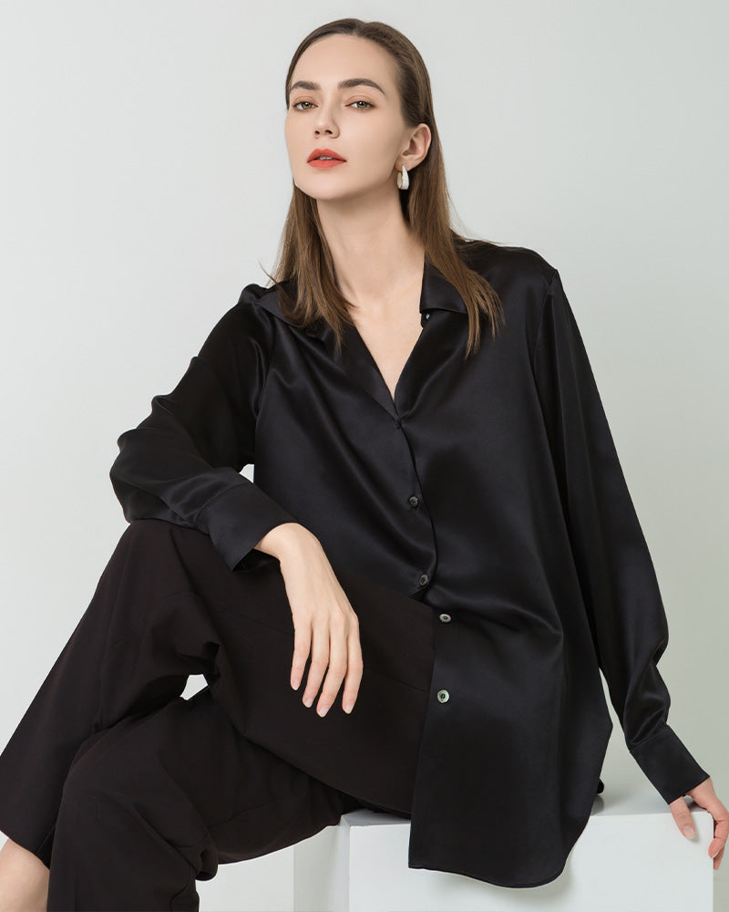 Oversized Button Up Silk Shirt, Black