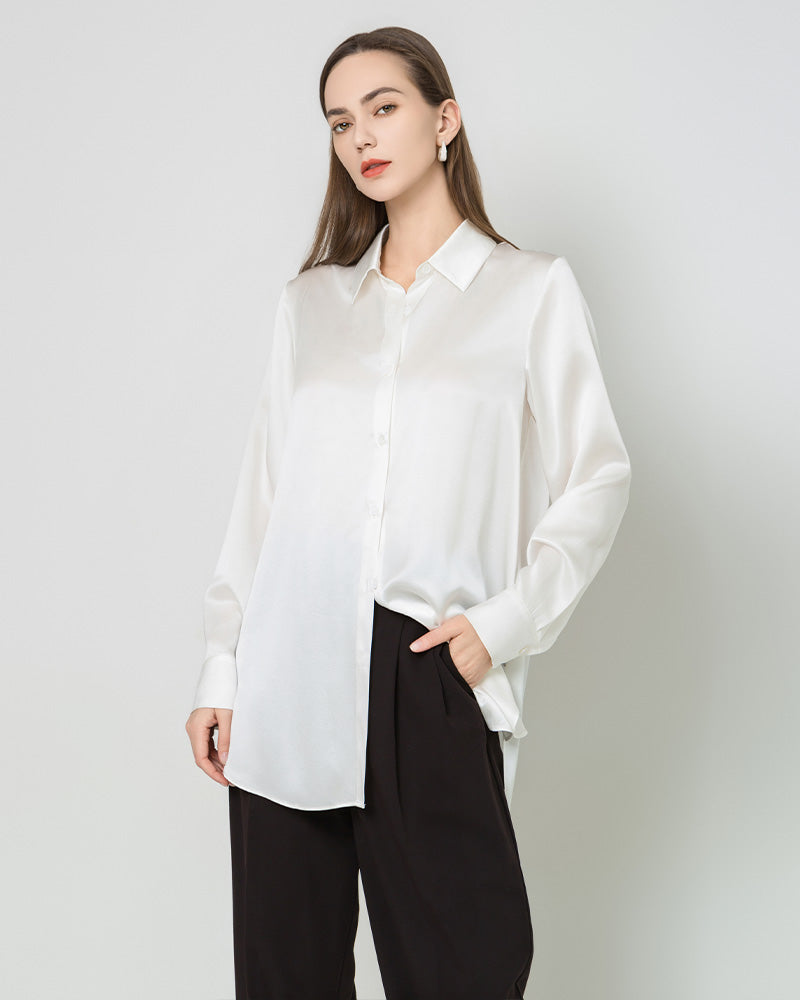 Oversized Button Up Silk Shirt, White