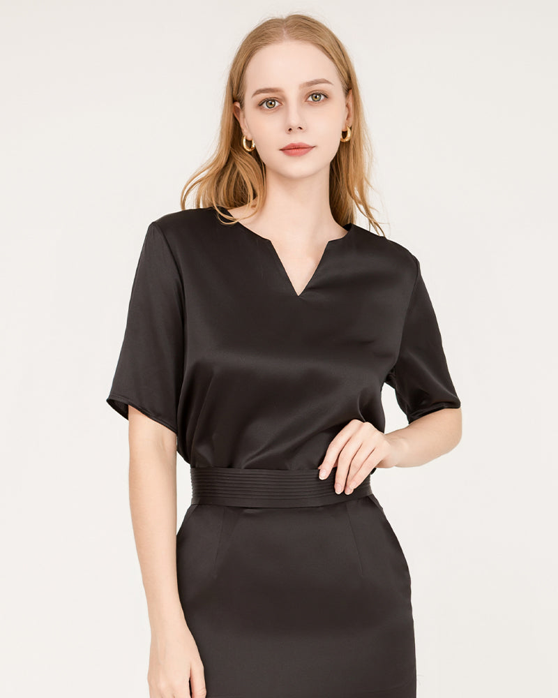 V-Neck Silk Blouse and Silk Midi Skirt Set - DAISYSILK