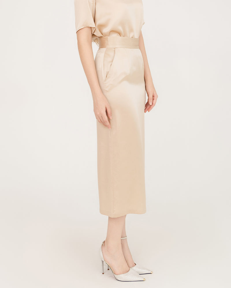 V-Neck Silk Blouse and Silk Midi Skirt Set - DAISYSILK