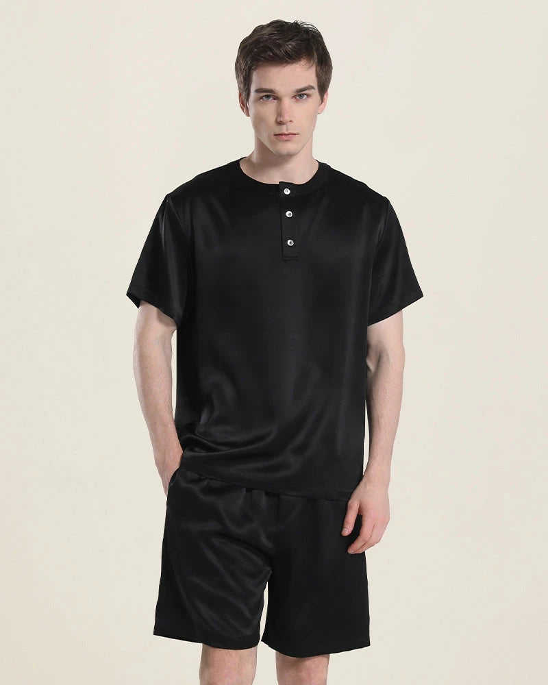 Simple Crew Neck Short Pajamas Set for men, Black