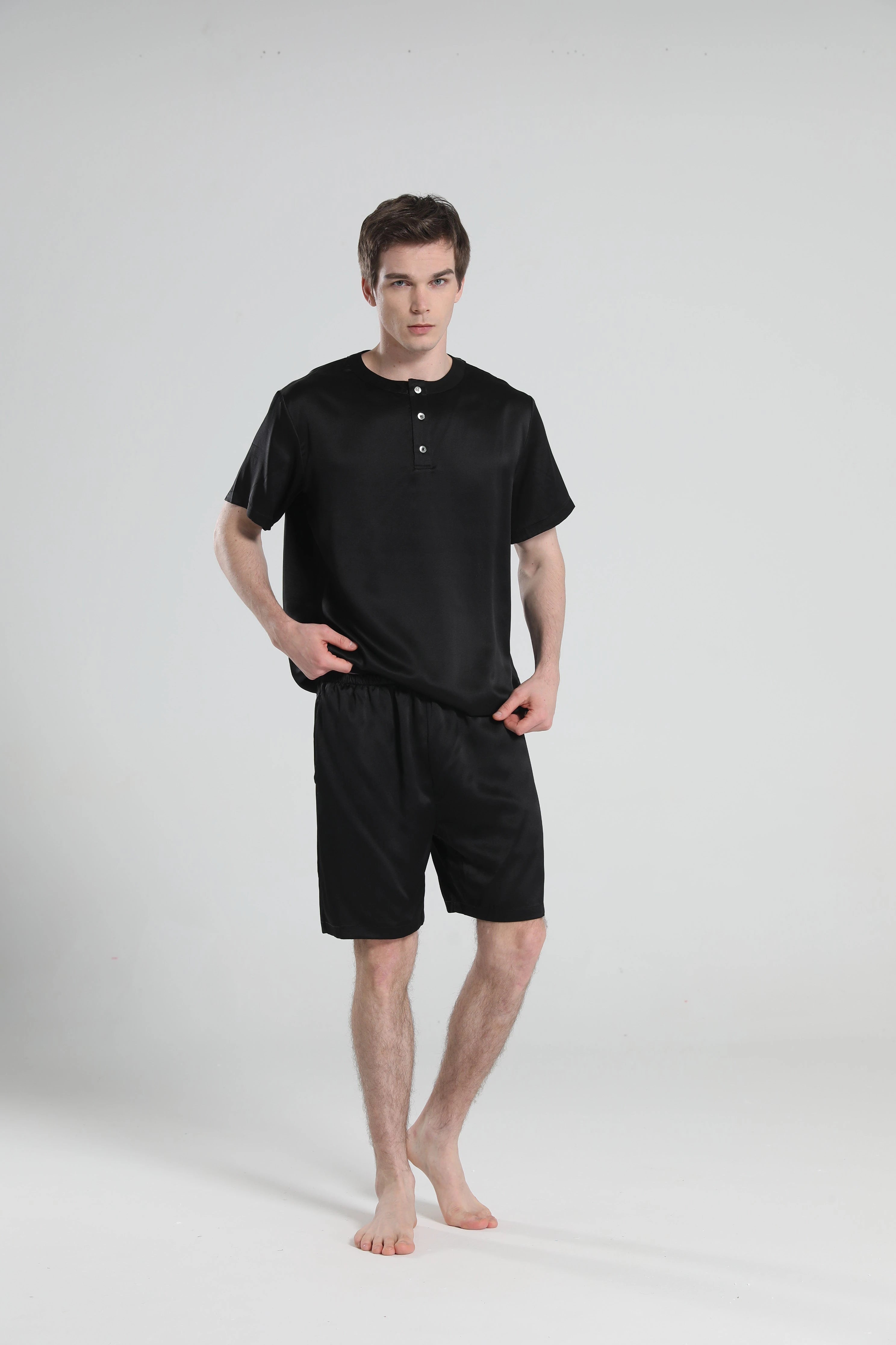 Simple Crew Neck Short Pajamas Set for men, Black