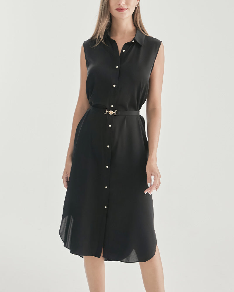 Belted Shirt Dress Sleeveless Silk Dress, Black