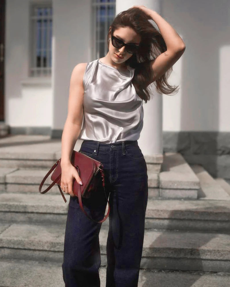 Sleeveless Silk Cowl Neck Top, Grey