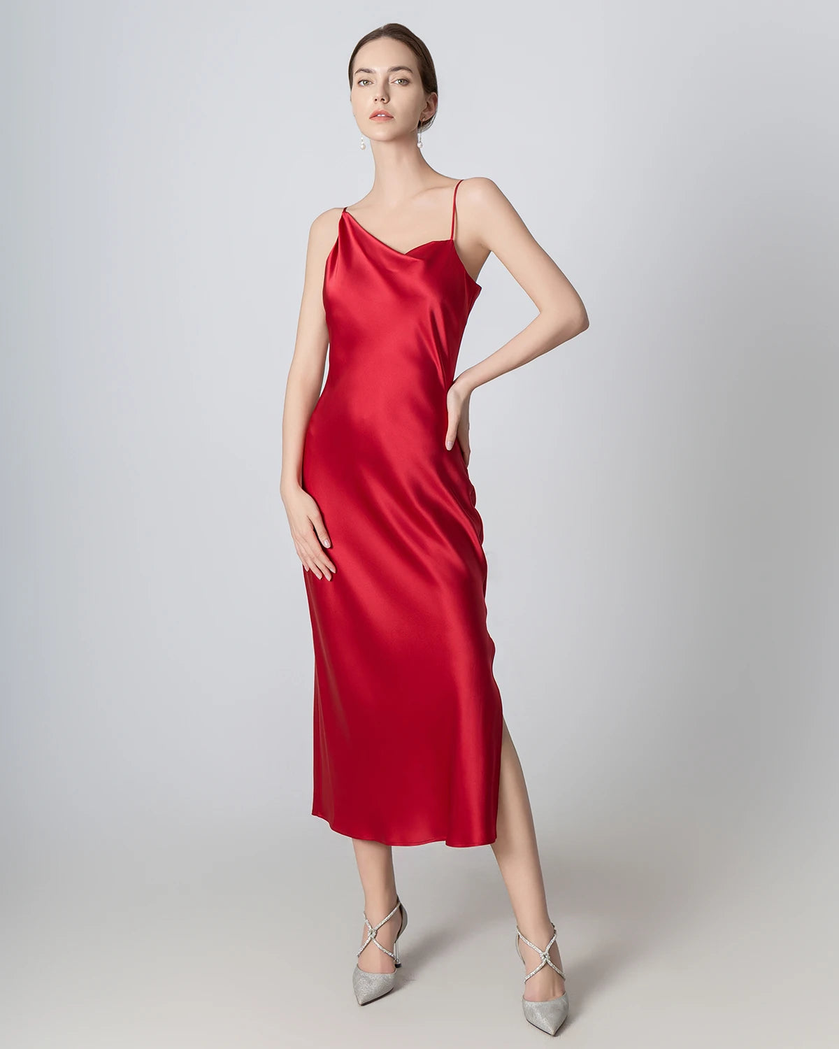 Slit Cowl Neck Midi Cami Silk Dress, Red