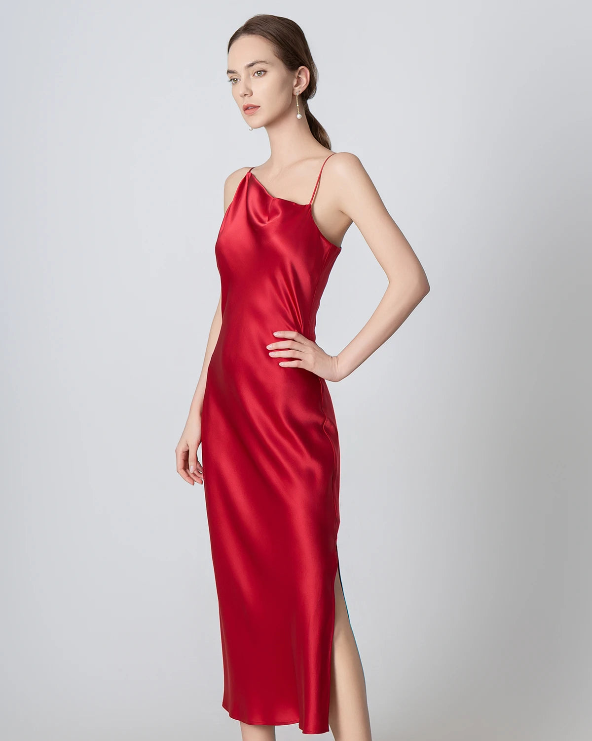 Slit Cowl Neck Midi Cami Silk Dress, Red