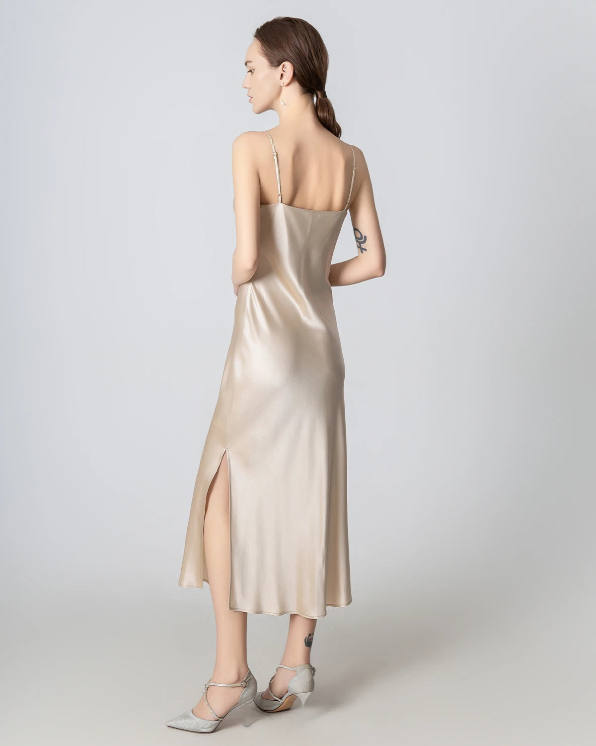 Slit Cowl Neck Midi Cami Silk Dress, Champagne