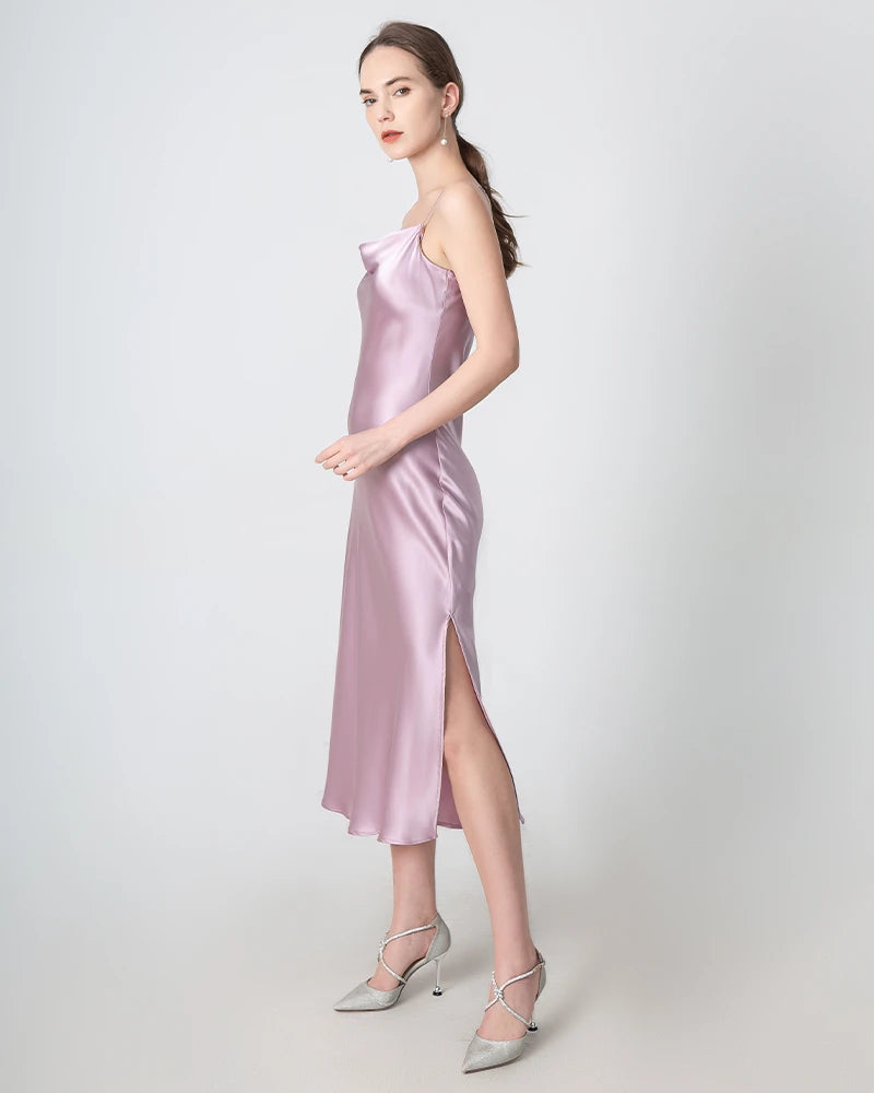 Slit Cowl Neck Midi Silk Dress, Pink