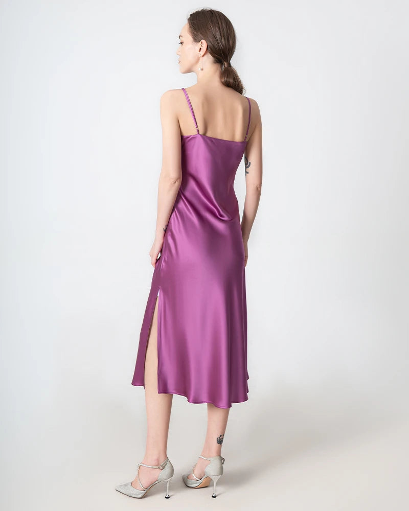 Slit Cowl Neck Midi Silk Dress, Purple