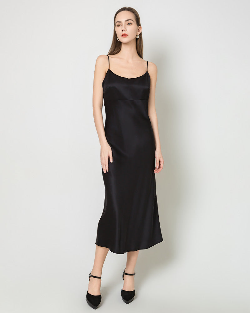 Solid Color Silk Satin Slip Long Dress, Black