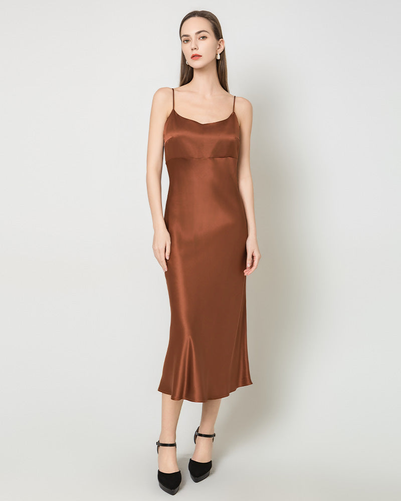 Solid Color Silk Satin Slip Long Dress, Brown