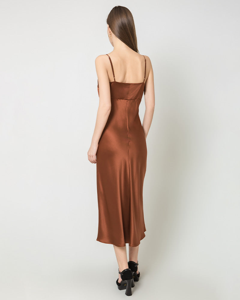 Solid Color Silk Satin Slip Long Dress, Brown
