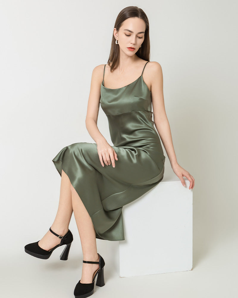 Solid Color Silk Satin Slip Long Dress, Green
