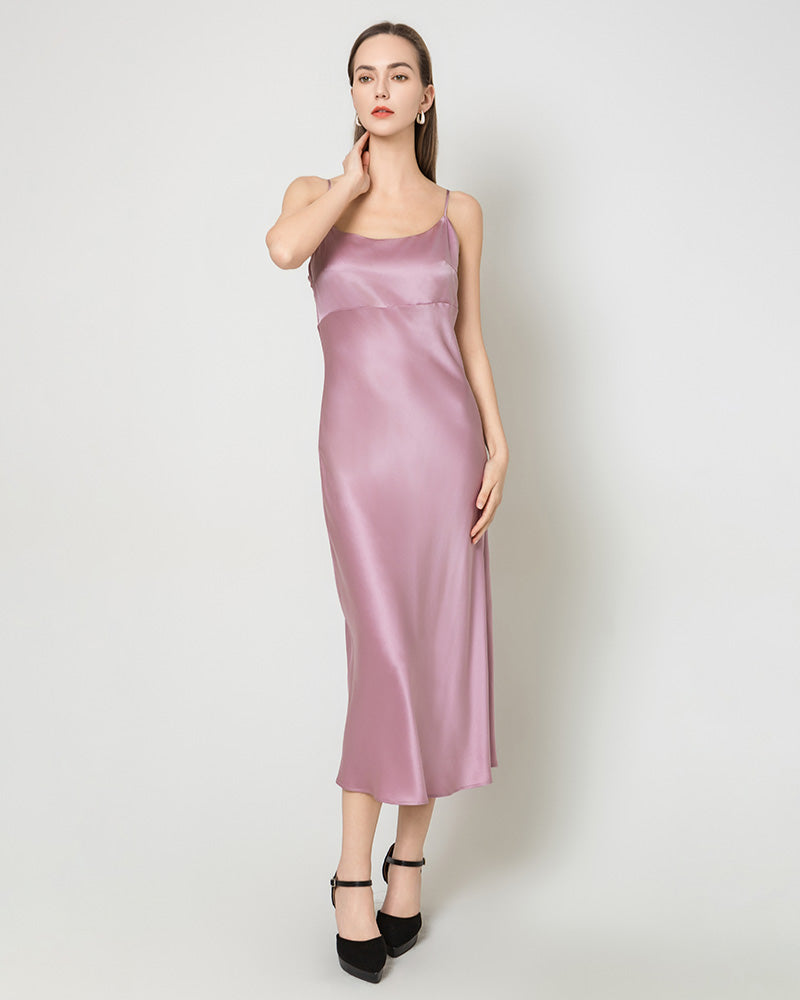 Solid Color Silk Satin Slip Long Dress, Pink
