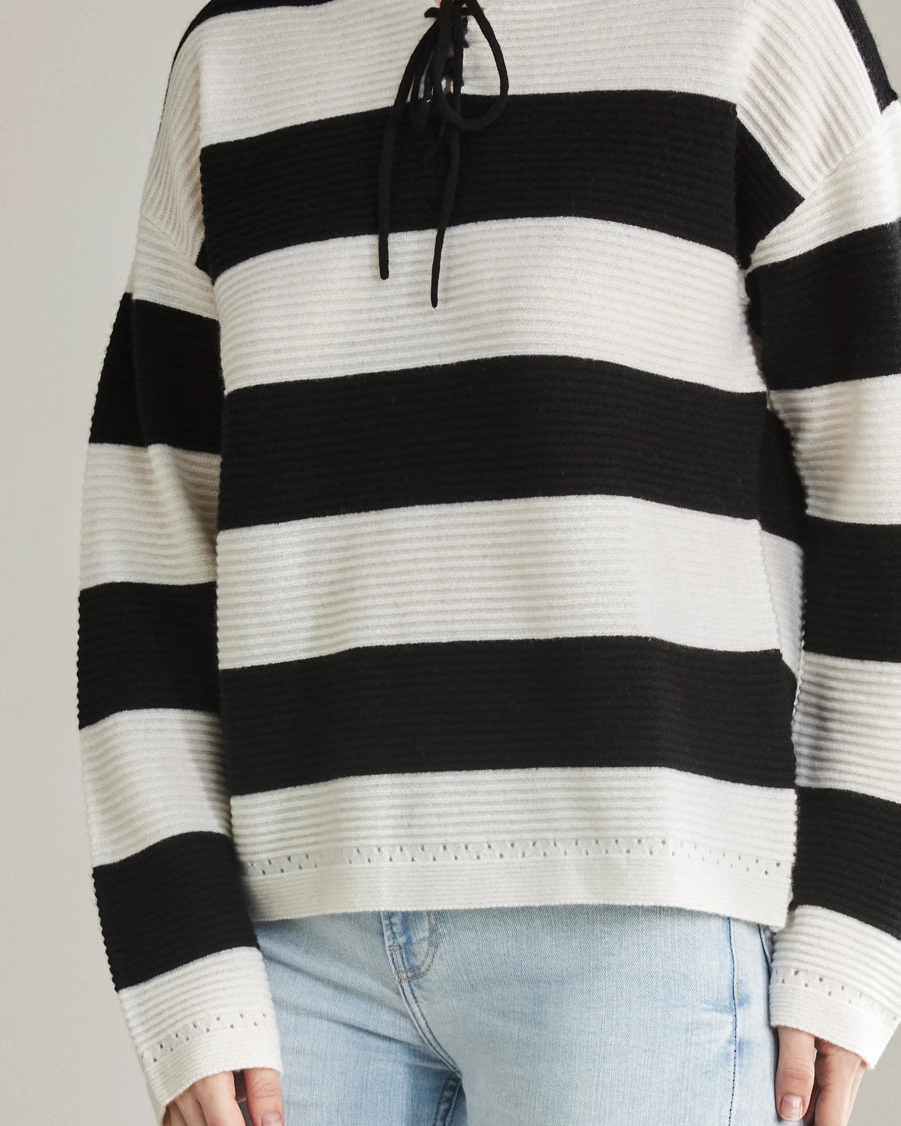 Striped Lace Up Cashmere Sweater, Black and White