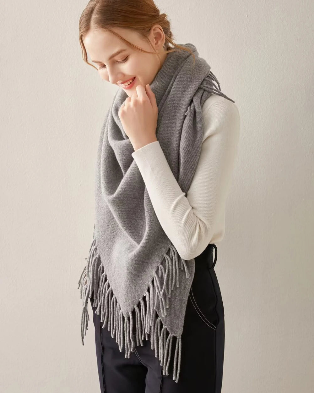 Triangular Tassel Cashmere Scarf, Grey