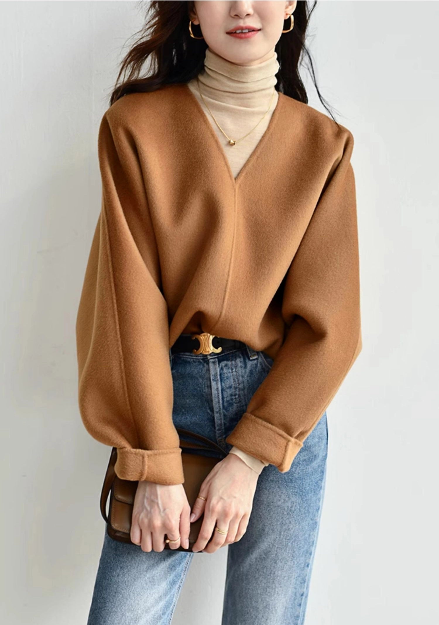V-Neck Wool Pullover Jacket, Caramel