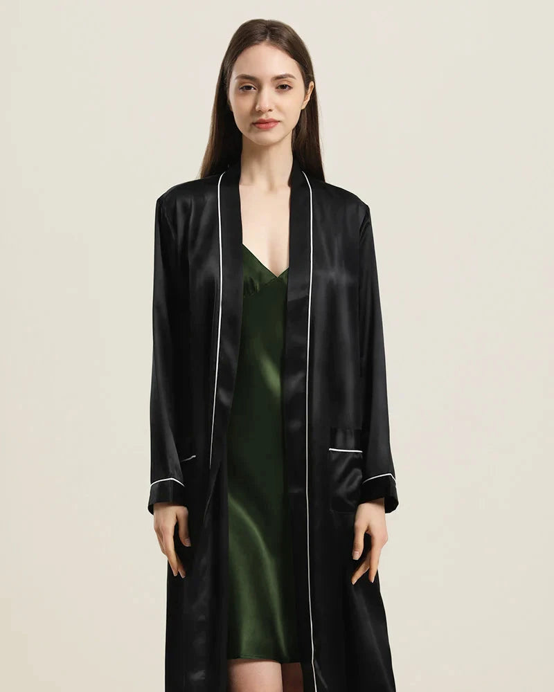 Washable Pure Color Silk Robe For Women, Black