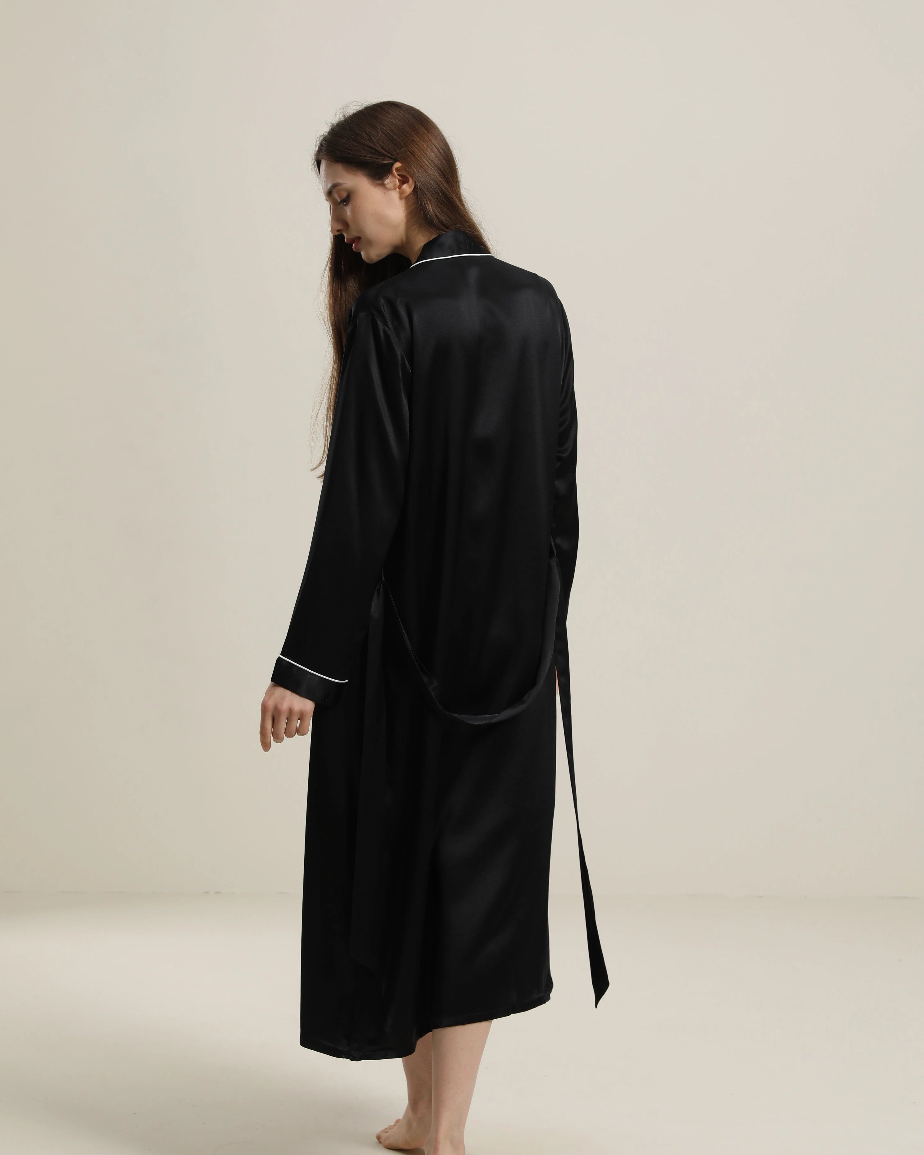 Washable Pure Color Silk Robe For Women, Black