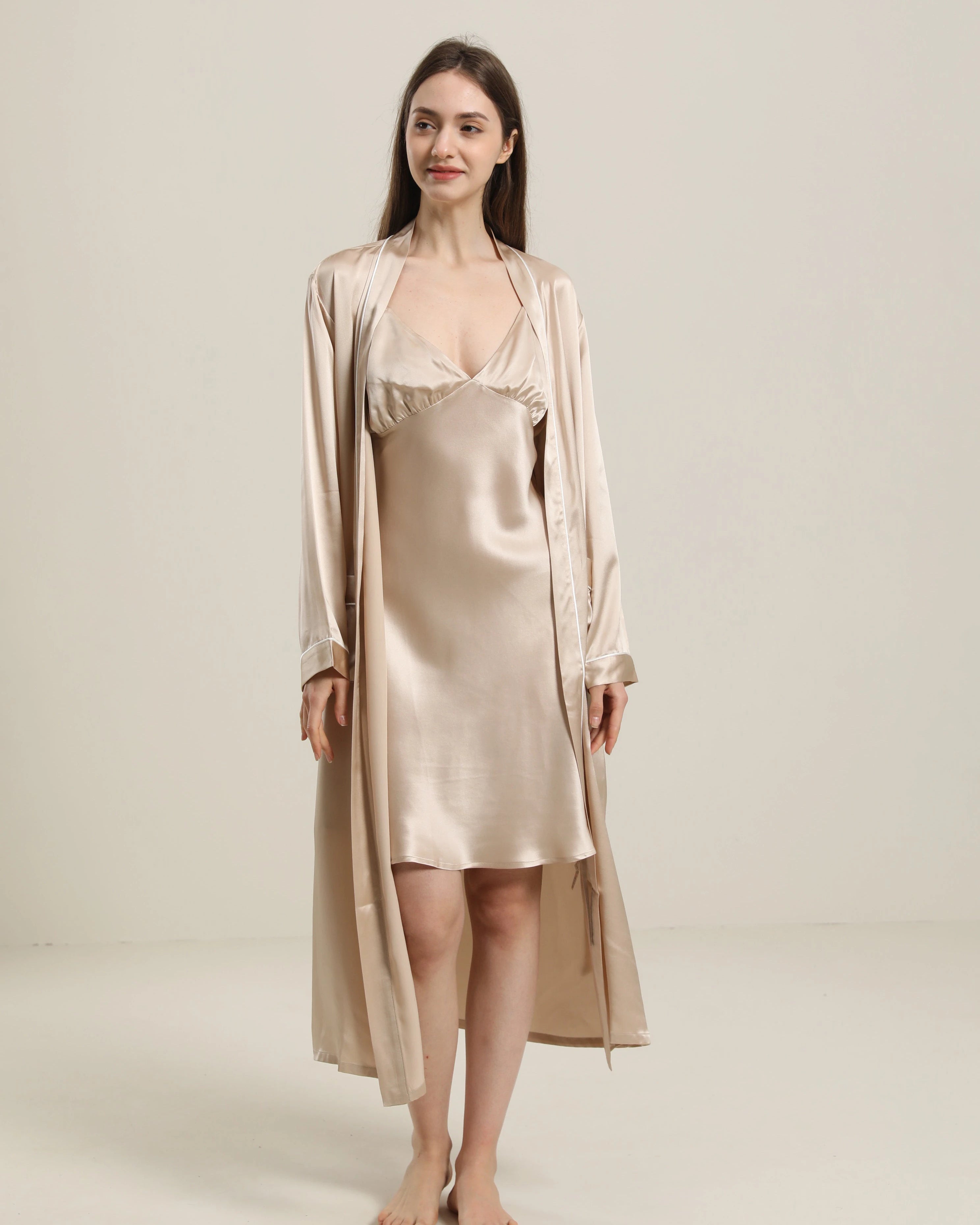 Washable Pure Color Silk Robe For Women, Champagne
