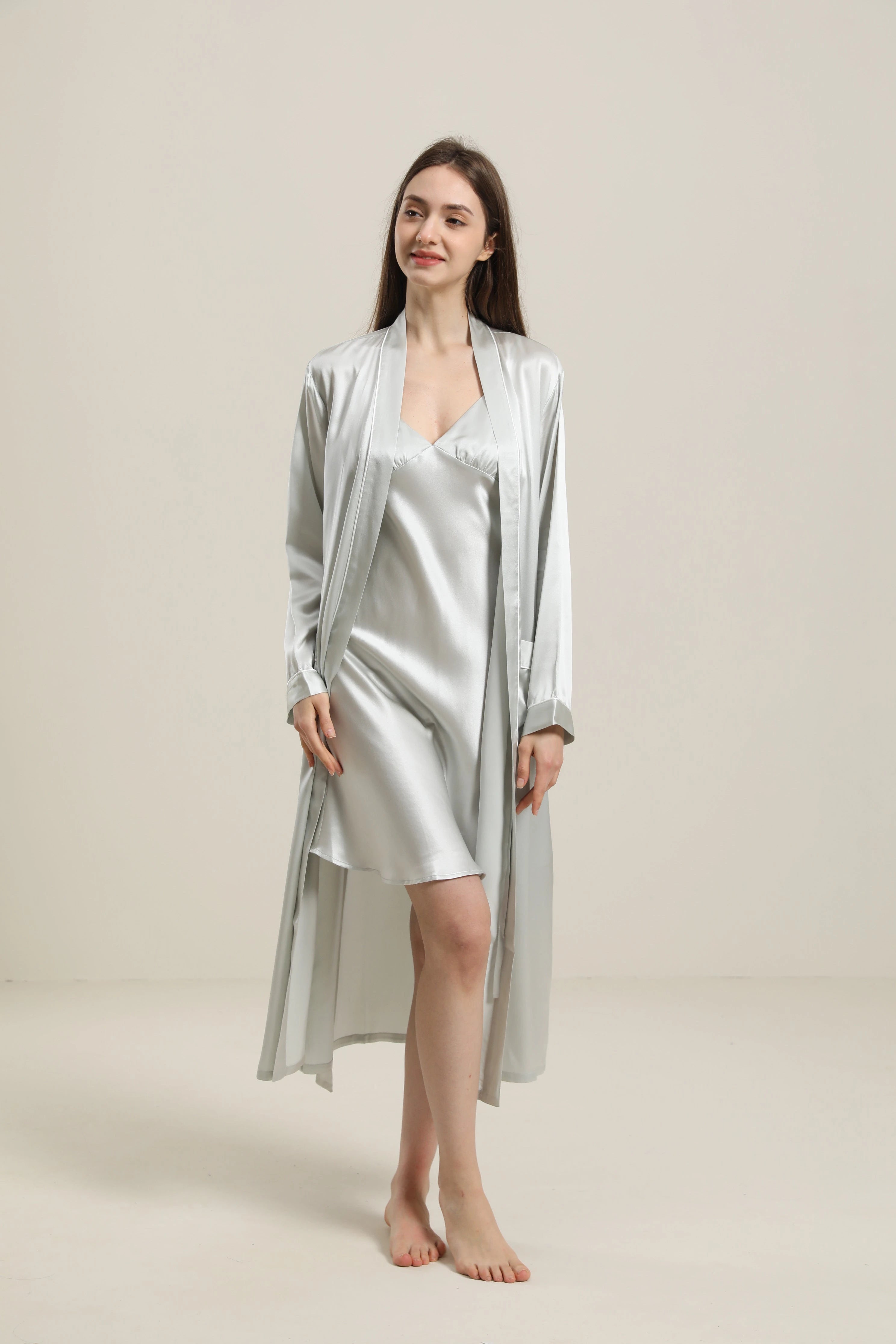 Washable Pure Color Silk Robe For Women, Grey
