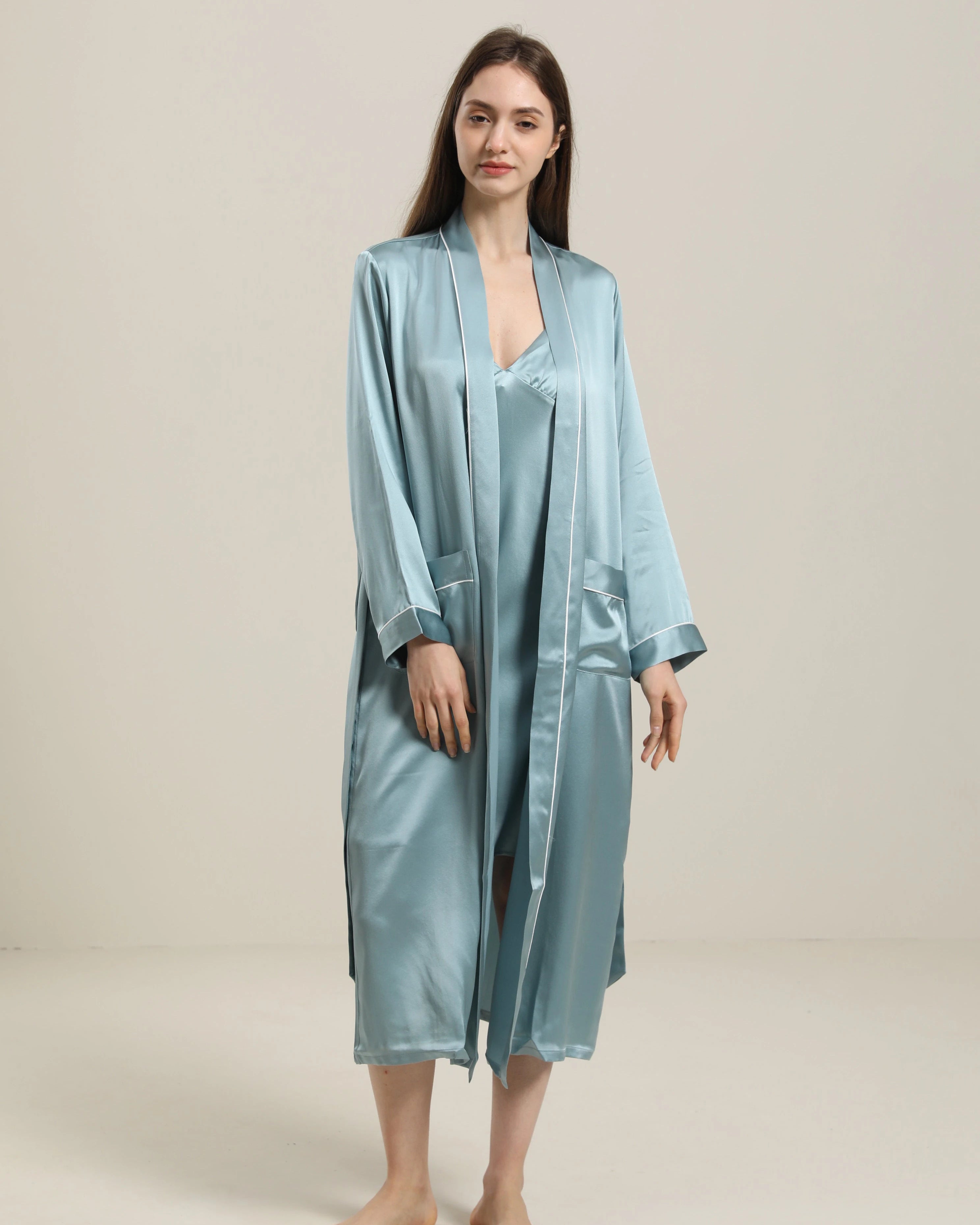 Washable Pure Color Silk Robe For Women, Haze Blue