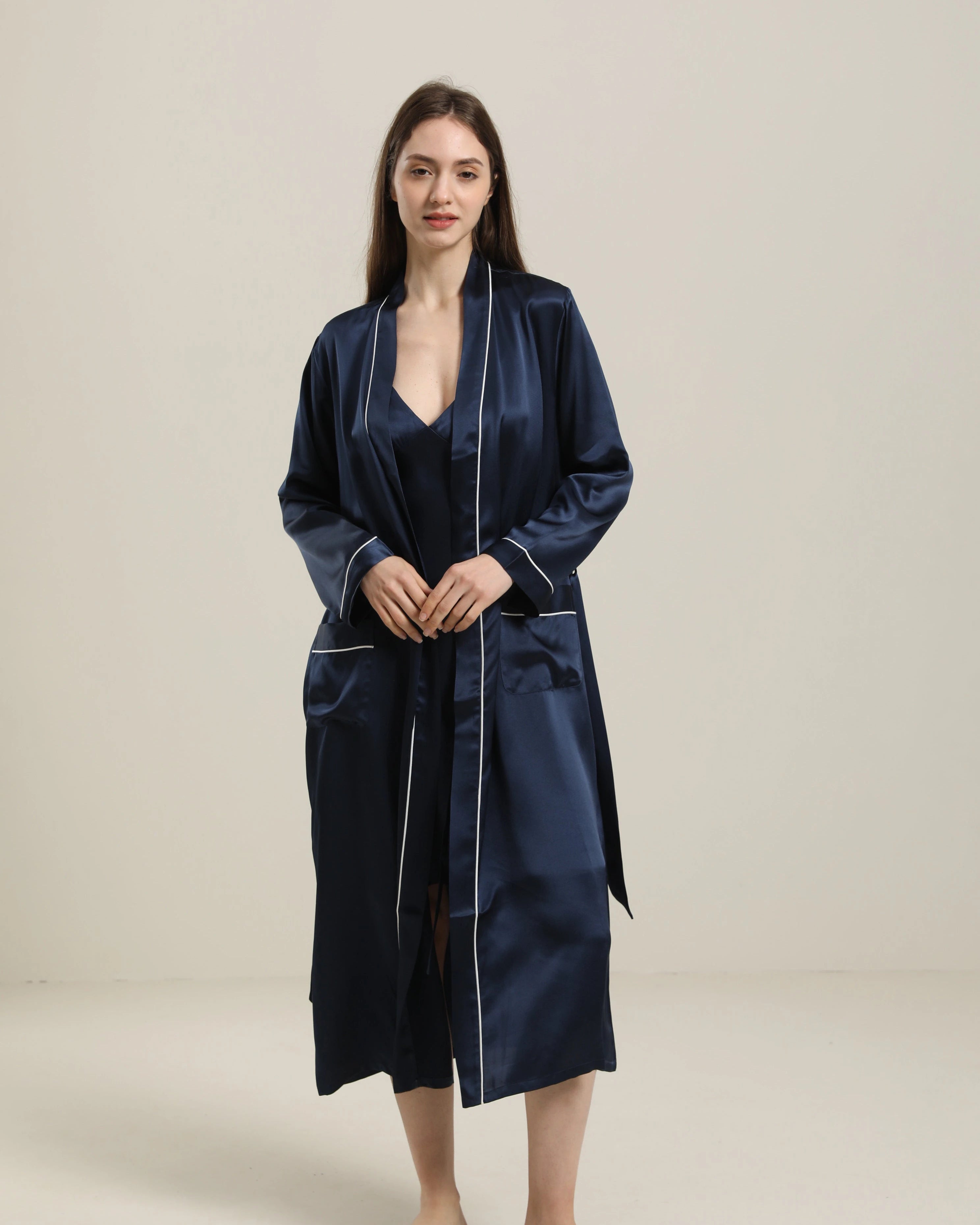 Washable Pure Color Silk Robe For Women, Navy