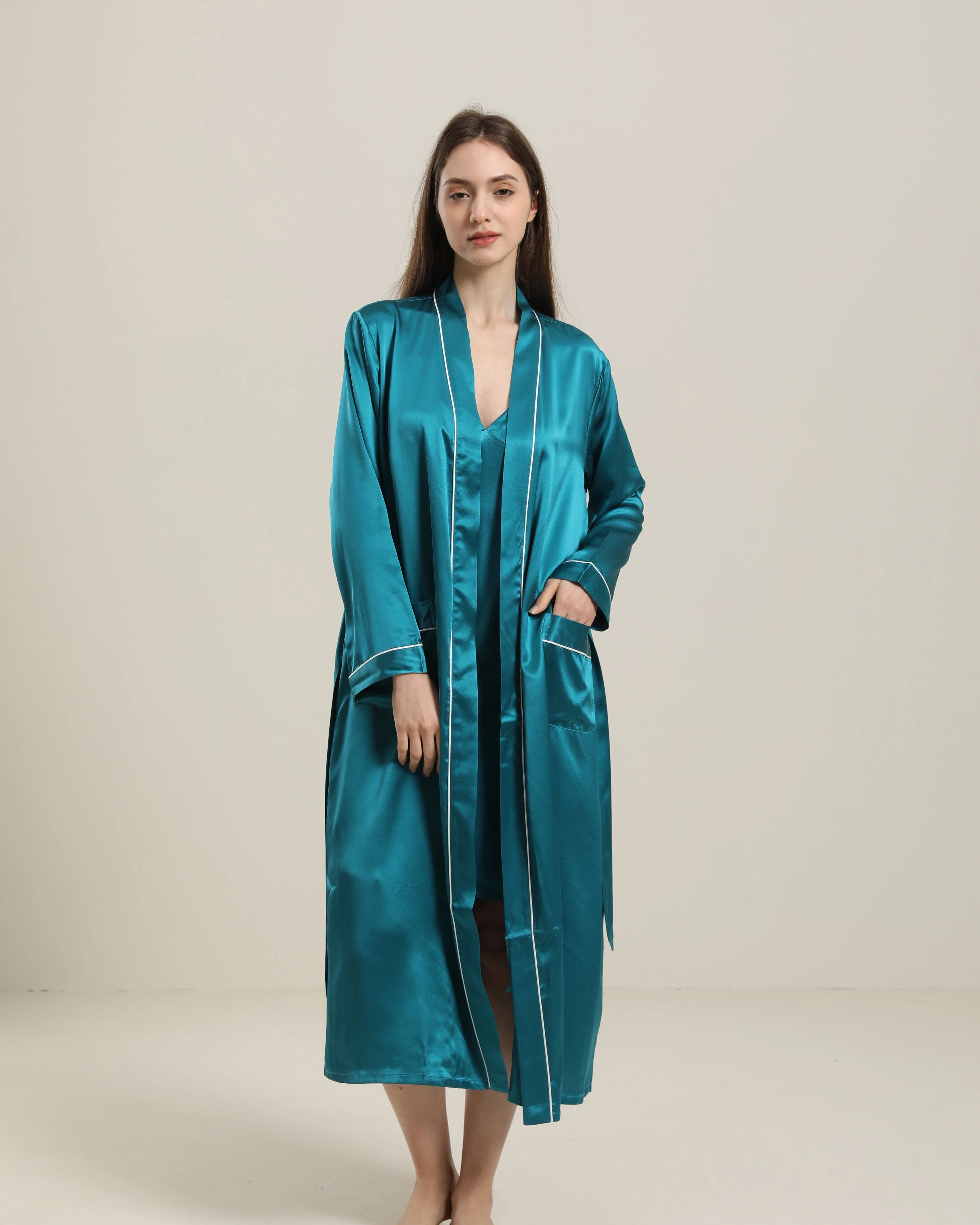 Washable Pure Color Silk Robe For Women, Peacock Blue