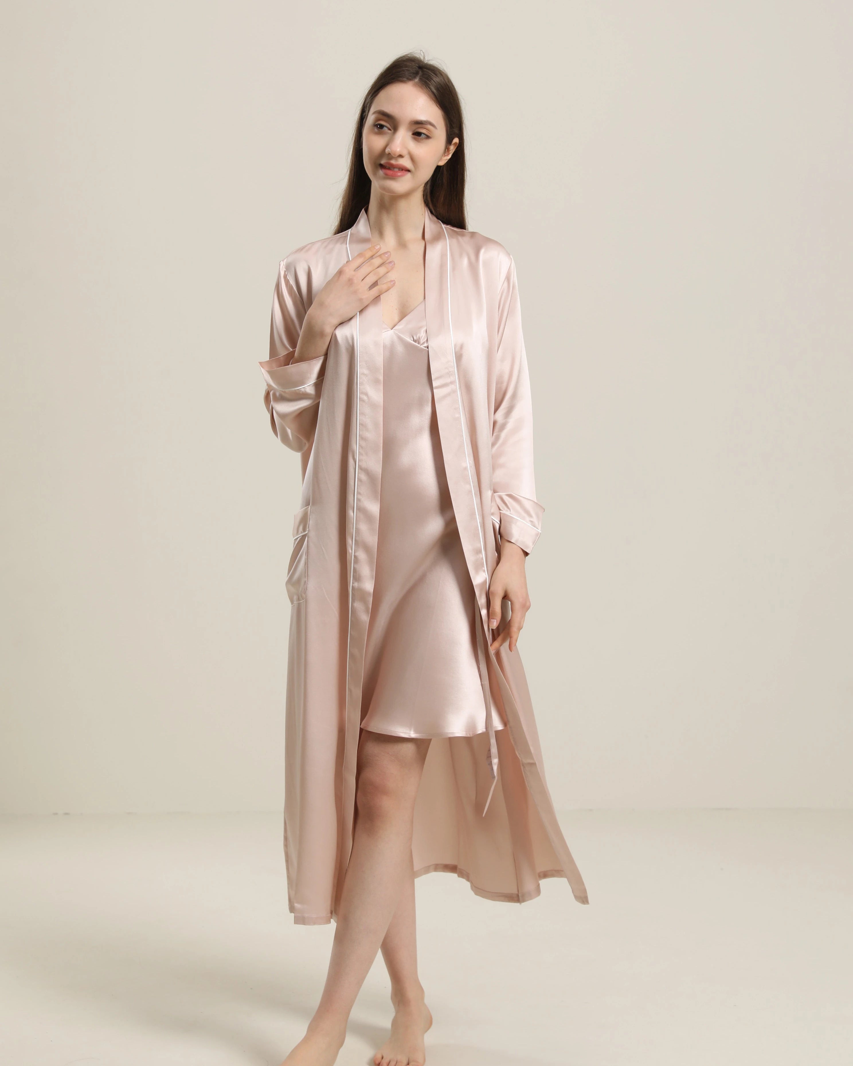 Washable Pure Color Silk Robe For Women, Pink