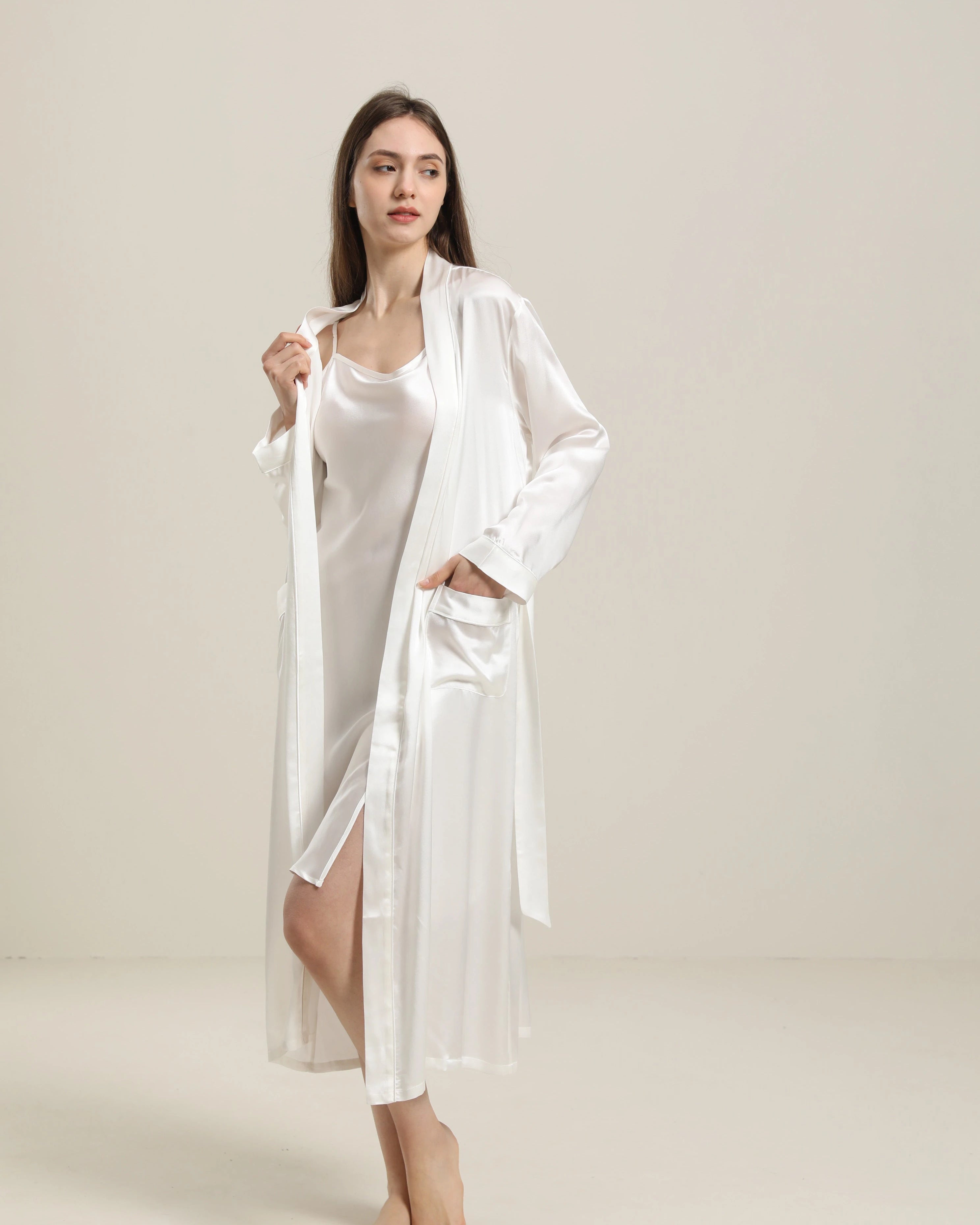 Washable Pure Color Silk Robe For Women, White