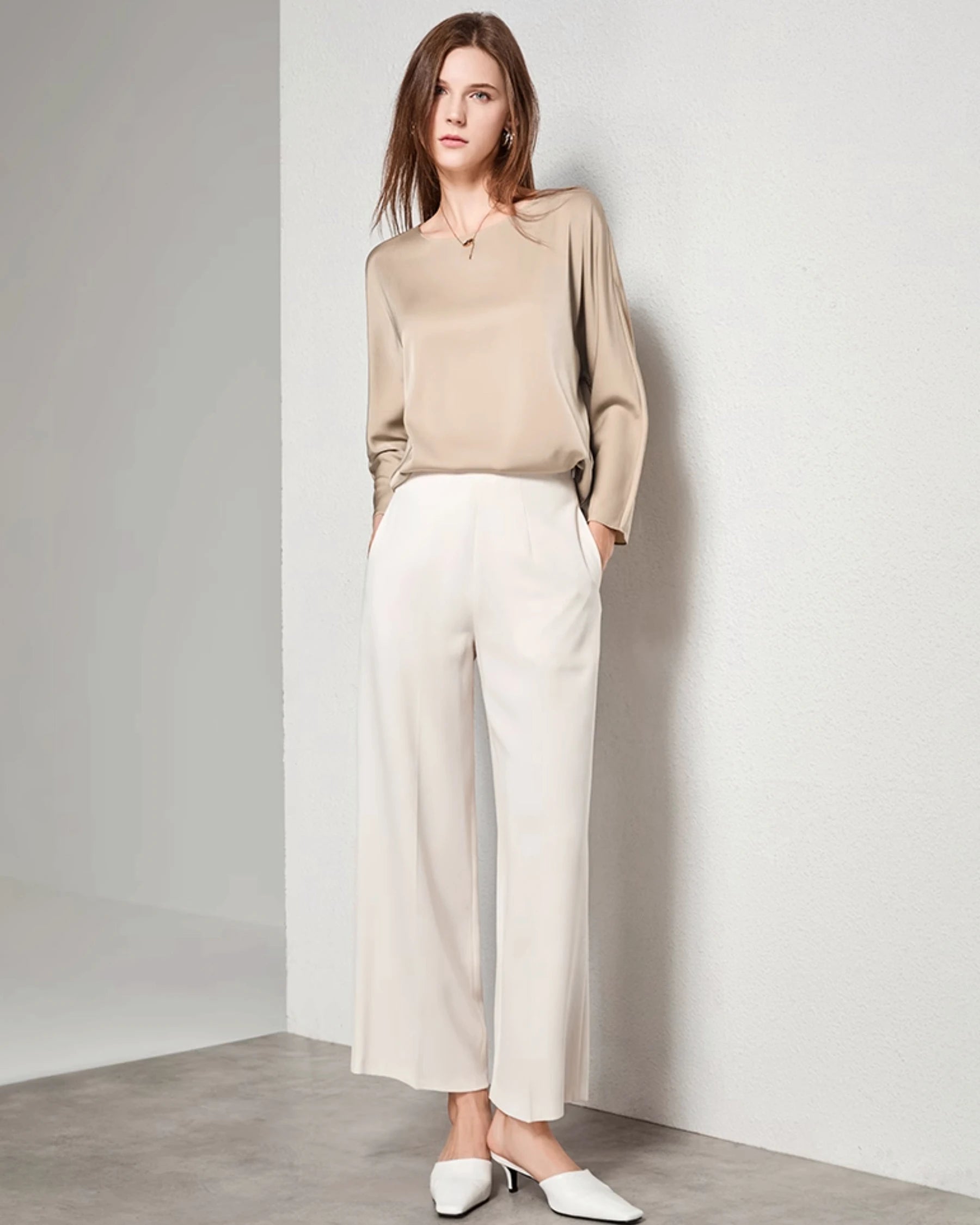 Women Basic Round Neck Silk Blouse Champagne