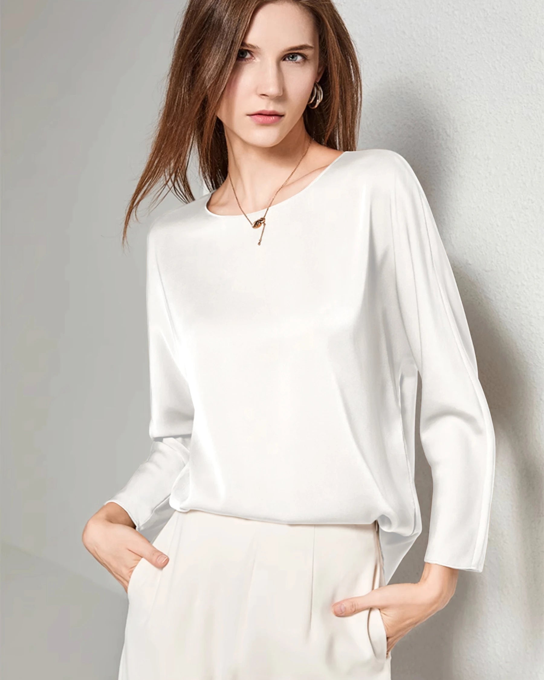 Women Basic Round Neck Silk Blouse Ivory