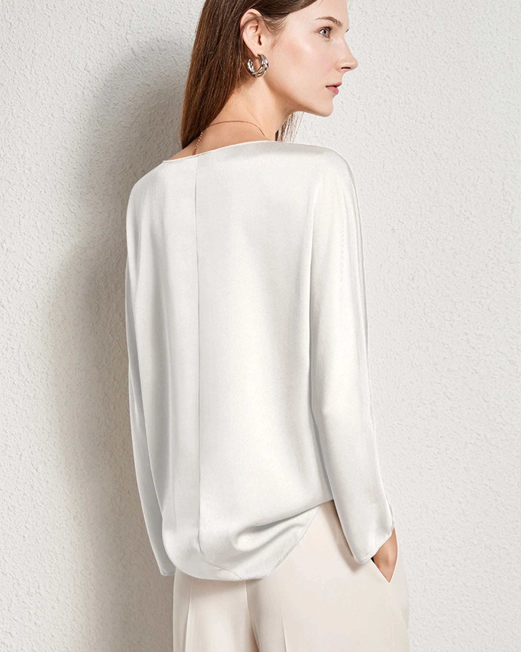 Women Basic Round Neck Silk Blouse Ivory