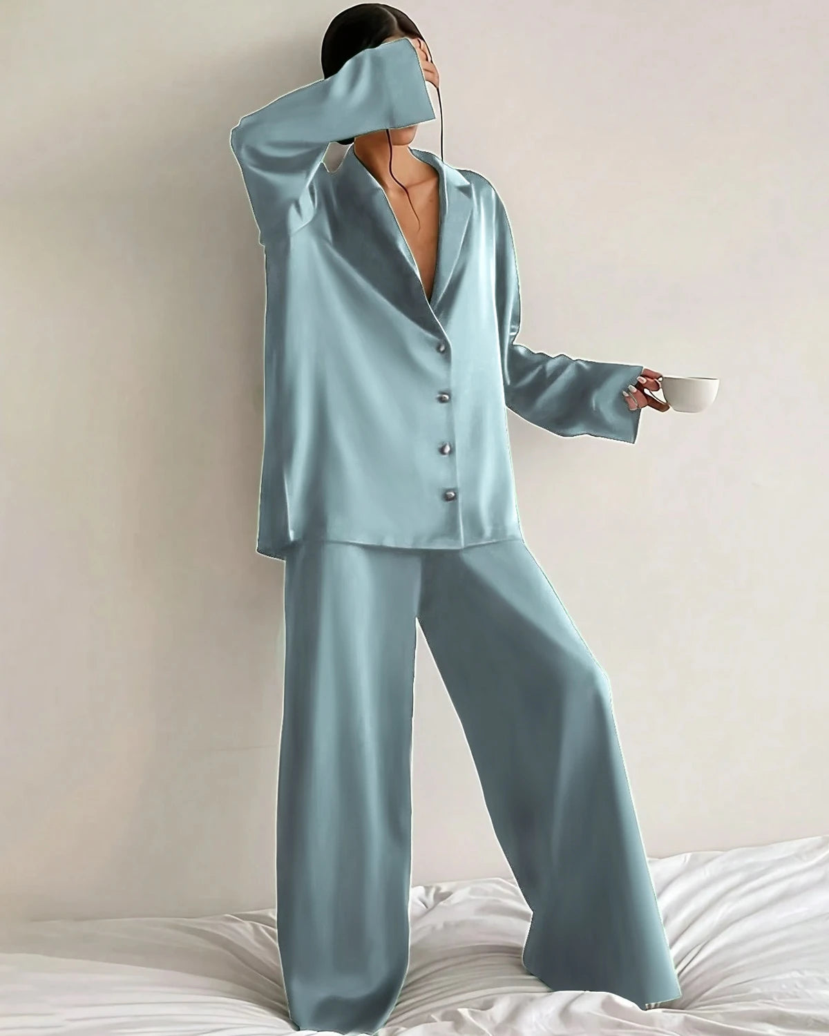 Relaxed Oversize Silk Pajamas, Blue