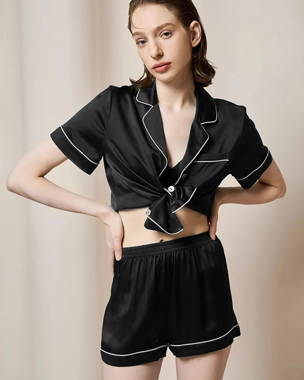 Washable Silk Pajama Short Sleeve Set, Black