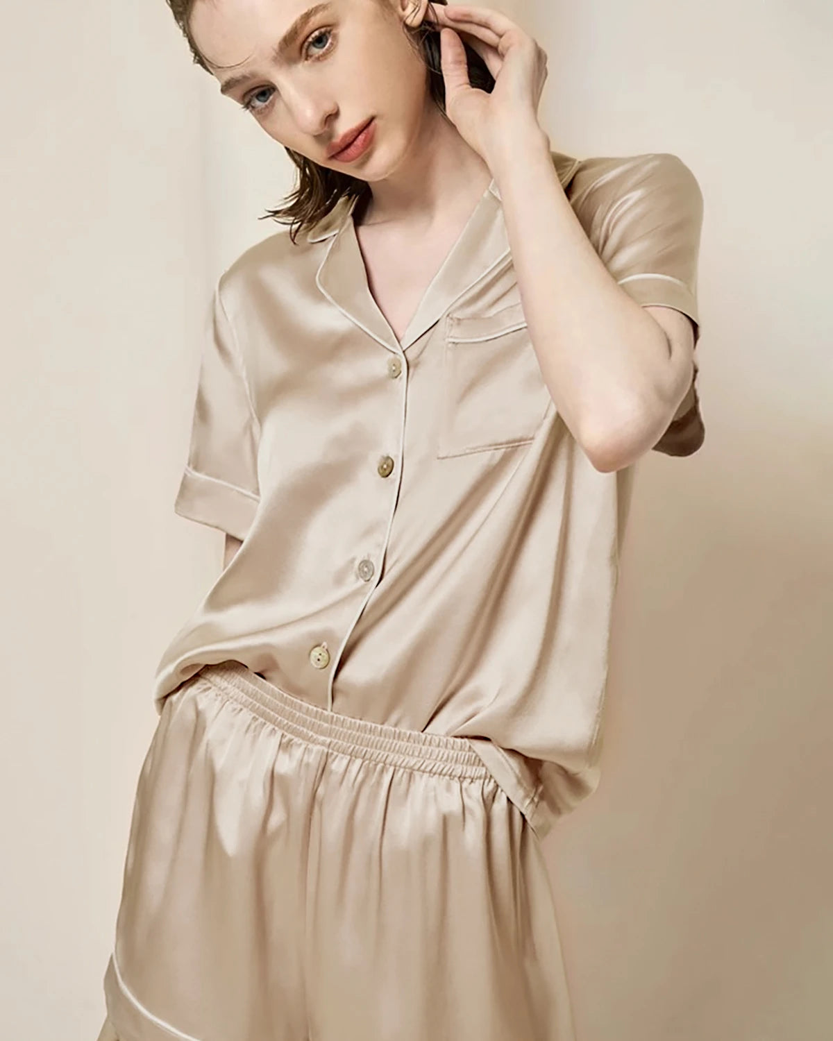 Washable Silk Pajama Short Sleeve Set, Champagne