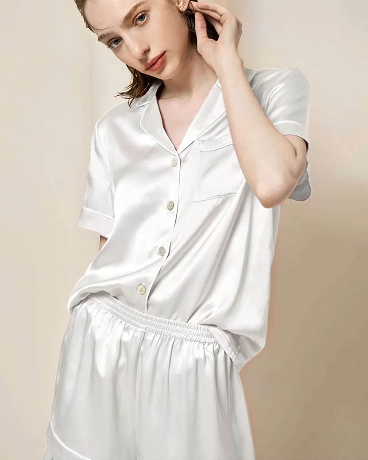 Washable Silk Pajama Short Sleeve Set, White