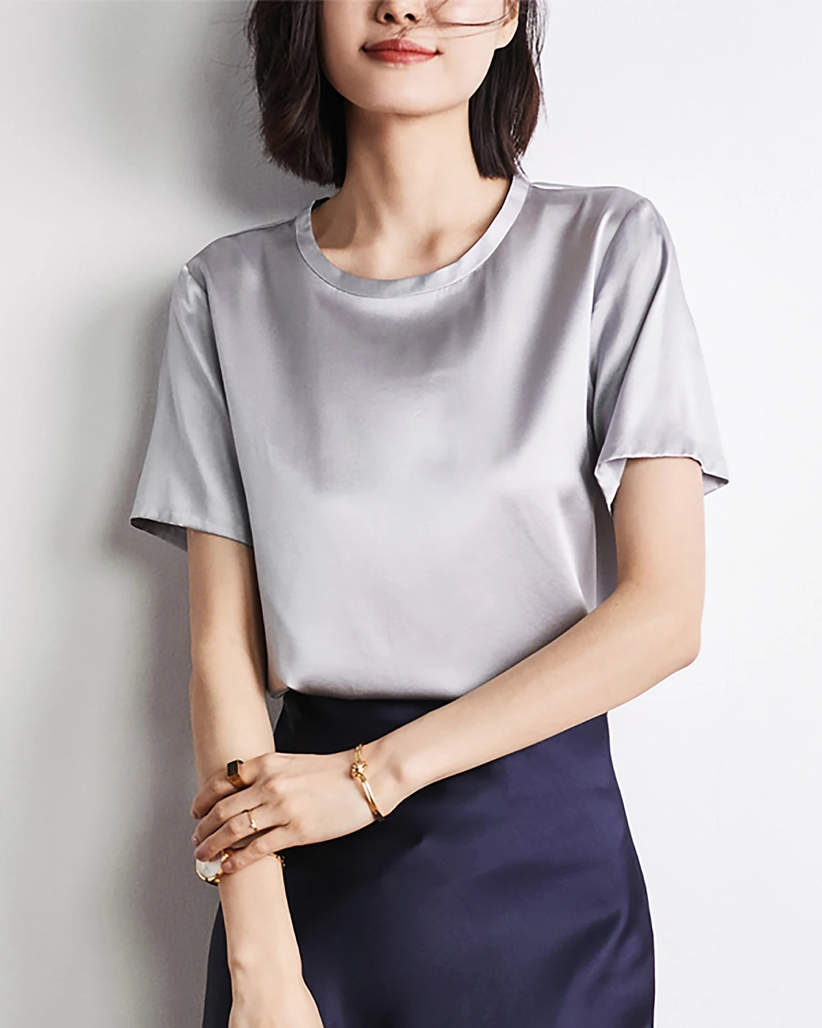 Women's Short Sleeve Silk Blouse Grey