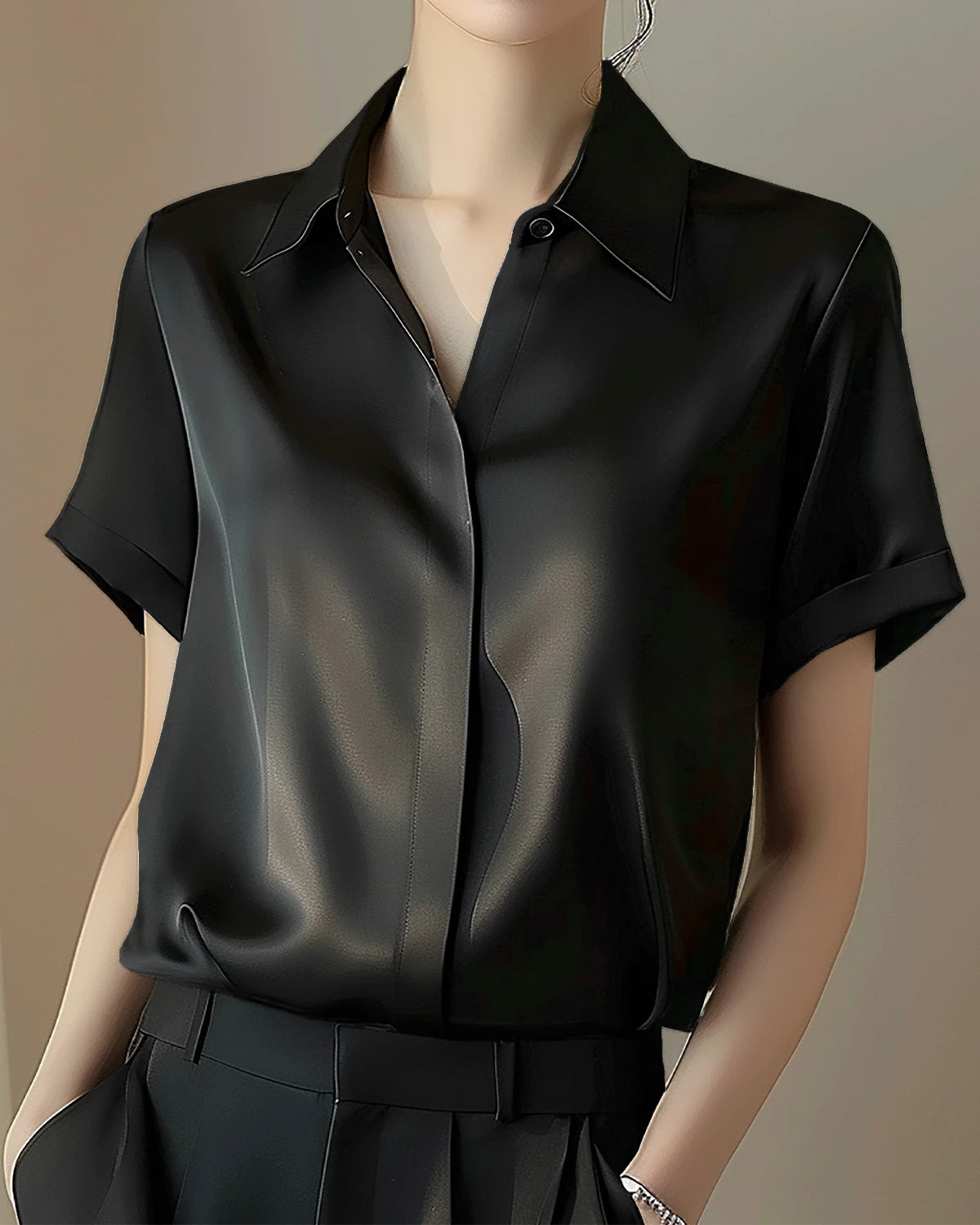 Classic Concealed Silk Shirt Black