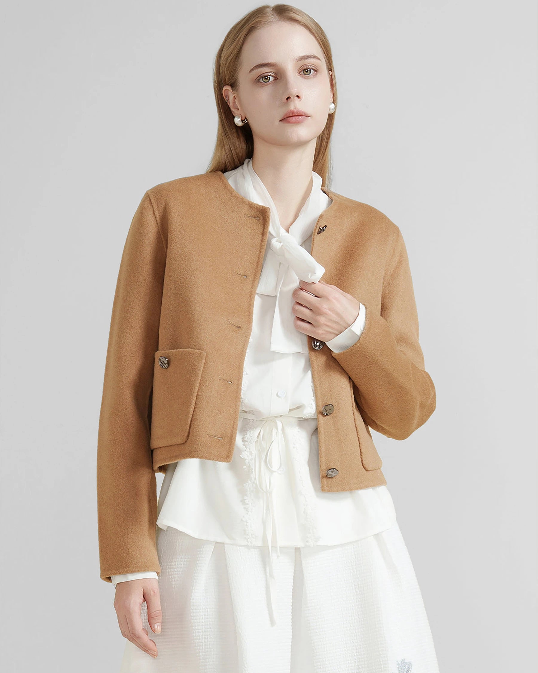 Women's Round Collar Wool Jacket, Camel