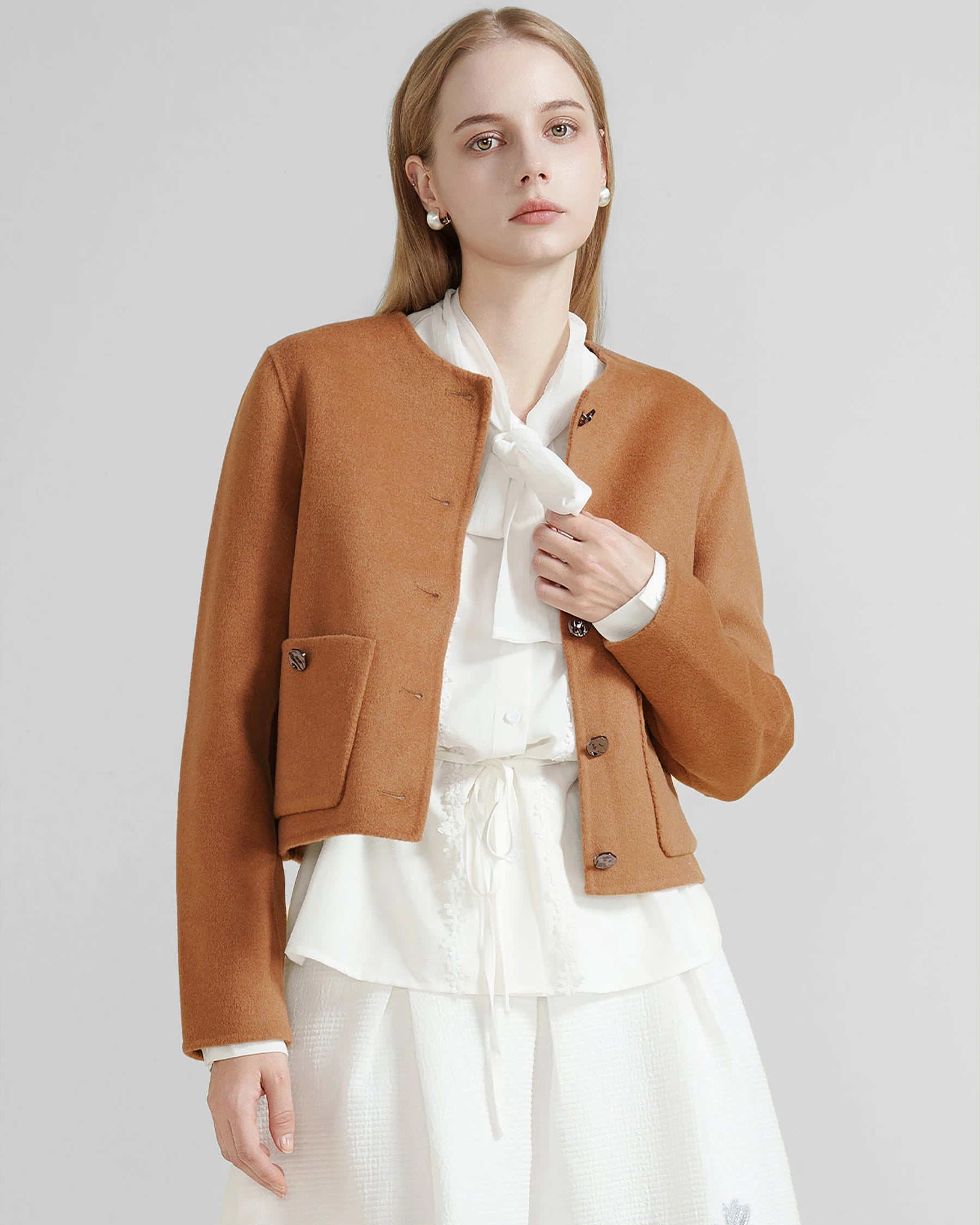 Women's Round Collar Wool Jacket, Caramel