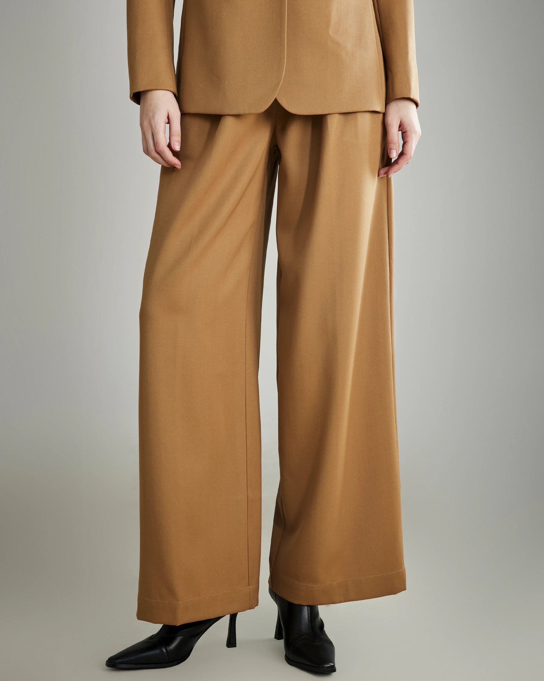 Women's Pleated Wool Wide Leg Pants, Camel